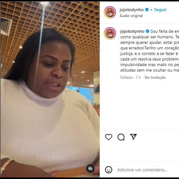 Jojo Todynho gravou um vídeo para se posicionar sobre defesa do namorado nas redes sociais