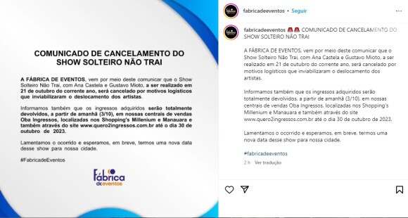 Show de Ana Castela e Gustavo Mioto foi cancelado por motivos logísticos