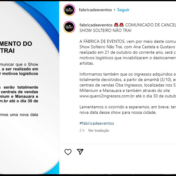 Show de Ana Castela e Gustavo Mioto foi cancelado por motivos logísticos
