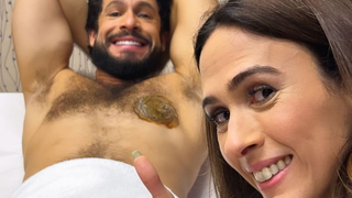 Doeu? Rainer Cadete "sofre" com depilação feita por Tatá Werneck nos bastidores de 'Terra e Paixão': 'Dando a vida e os pelos...'