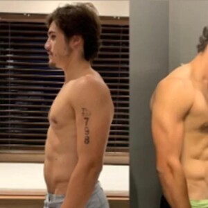 Antes e depois de Nicolas Prattes que passou a de dedicar de verdade para os exercícios físicos para ganhar definição no corpo a partir de 2018