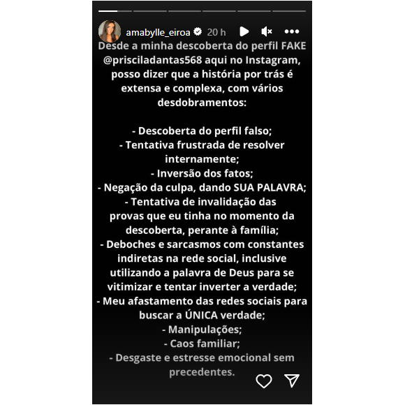 Amabylle Eiroa chutou o pau da barraca revelou que a identidade do perfil fake que lhe difamafa é da noiva de Zezé di Camargo