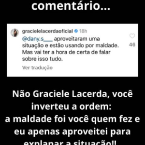 Graciele Lacerda é acusada por Amabylle Eiroa, nora de Zezé di Camargo, de ser uma pessoa má: 'Aproveitei para explanar a situação'