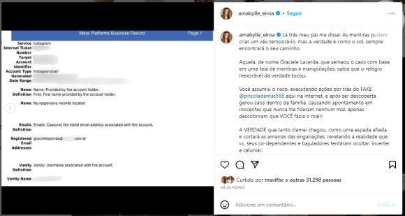 Graciele Lacerda é exposta por ser a pessoa que mandou criar perfil fake que difamou nora de Zezé di Camargo, segundo investigação especializada