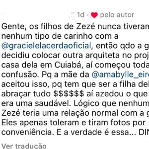 Graciele Lacerda curtiu um comentário com críticas aos filhos de Zezé Di Camargo