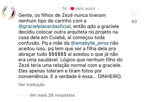 Graciele Lacerda curtiu um comentário com críticas aos filhos de Zezé Di Camargo