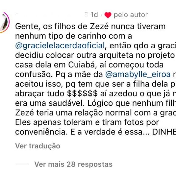Graciele Lacerda curtiu um comentário com críticas aos filhos de Zezé Di Camargo