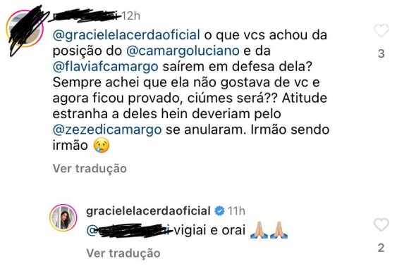 Graciele Lacerda também respondeu um comentário com críticas a Luciano e Flávia Camargo: 'Vigiai e orai'