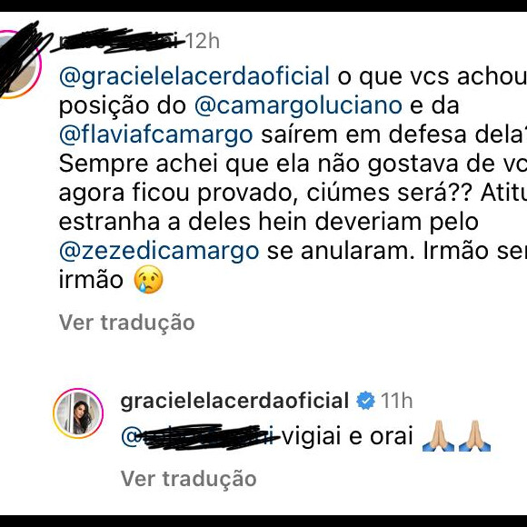 Graciele Lacerda também respondeu um comentário com críticas a Luciano e Flávia Camargo: 'Vigiai e orai'