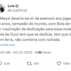 Publicação de Lula sobre Messi foi vista como indireta a Neymar