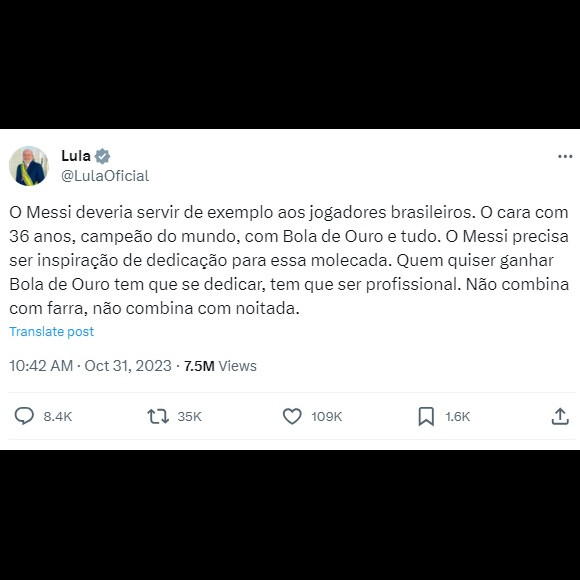 Publicação de Lula sobre Messi foi vista como indireta a Neymar