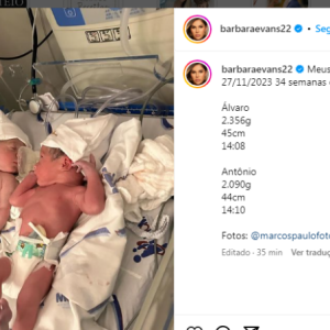 Bárbara Evans deu à luz, na tarde desta segunda-feira (27), os gêmeos Álvaro e Antônio