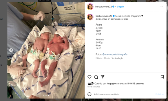 Bárbara Evans deu à luz, na tarde desta segunda-feira (27), os gêmeos Álvaro e Antônio