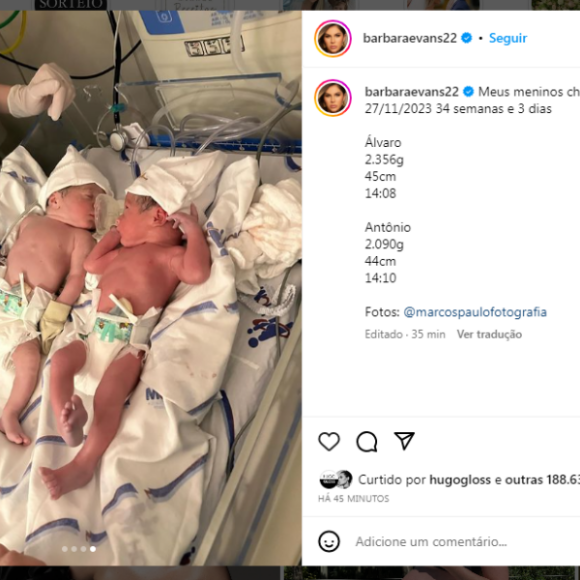 Bárbara Evans deu à luz, na tarde desta segunda-feira (27), os gêmeos Álvaro e Antônio