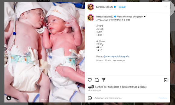 Filhos gêmeos de Bárbara Evans: 'Nasceram meus pacotinhos! Nasceram ótimos!'