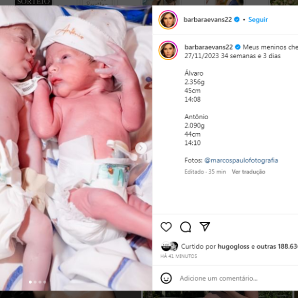 Filhos gêmeos de Bárbara Evans: 'Nasceram meus pacotinhos! Nasceram ótimos!'
