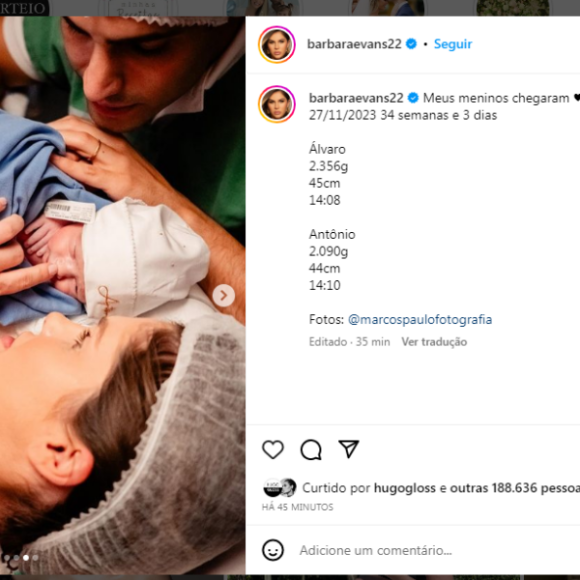 Filhos de Bárbara Evans nasceram com 34 semanas de gestação