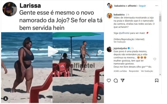 Jojo Todynho rebate internauta após comentário sobre namorado