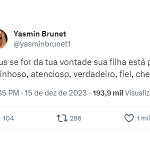 Yasmin Brunet publicou nas redes sociais que está desejando ter um namorado: 'Verdadeiro, fiel e cheiroso'