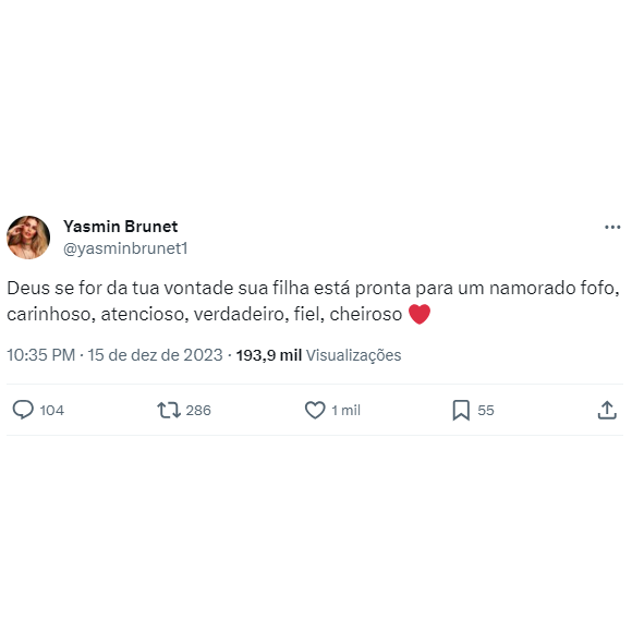 Yasmin Brunet publicou nas redes sociais que está desejando ter um namorado: 'Verdadeiro, fiel e cheiroso'