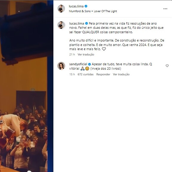 Lucas Lima lembrou que Sandy foi quem lhe indicou alguns livros que ele leu em 2023