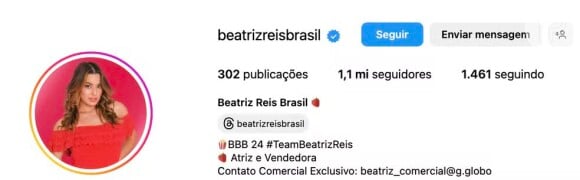 Beatriz do 'BBB 24' chegou a 1 milhão de seguidores no Instagram