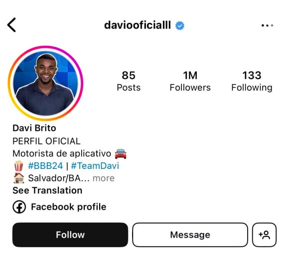 Davi do 'BBB 24' alcançou 1 milhão de seguidores no Instagram