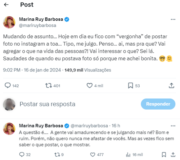 Marina Ruy Barbosa publica desabafo no X e faz confissão: 'Me julgo'