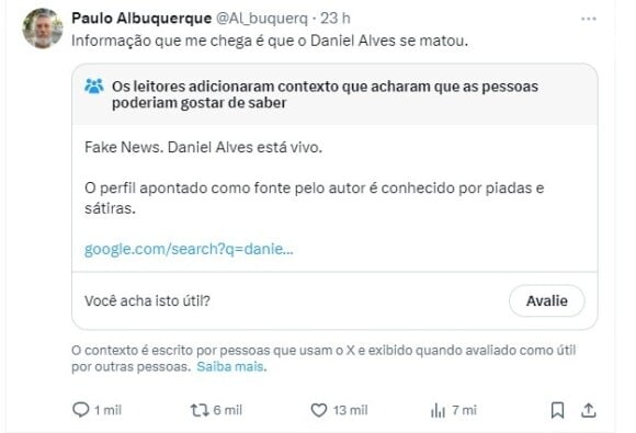 O usuário que fez a fake news se popularizar foi o perfil Paulo Albuquerque, conhecido no X, antigo Twitter, por publicar fotos apenas com filtro que deixa a pessoa mais velha