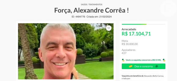 Já com mais de R$ 17 mil arrecadados, Alexandre Correa triplicou a meta da sua vaquinha