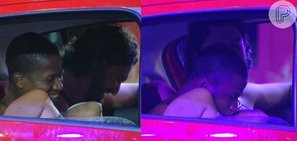 Luan dá beijo no pescoço de Talita no carro vermelho. Em seguida, os brothers cantaram Mamonas Assassinas e funk para distrair
