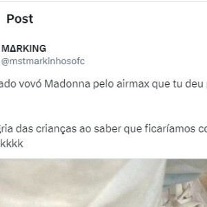 'Obrigado, vovó Madonna, pelo Airforce que tu deu pra cada um de nós. A alegria das crianças ao saber que ficaríamos com o tênis foi impagável', celebrou Marking