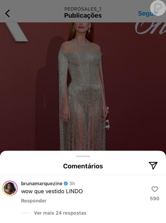 'Que vestido lindo!', disse Bruna Marquezine sobre look de Marina Ruy Barbosa para o Festival de Cinema de Cannes