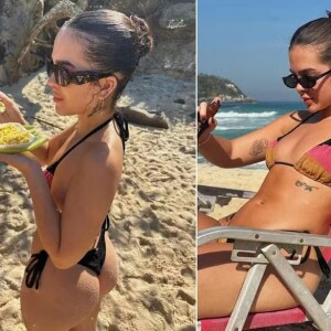 Milho e chá gelado: Mel Maia exibe corpão de biquíni cortininha e se diverte em dia na praia no Rio com as amigas. Fotos!