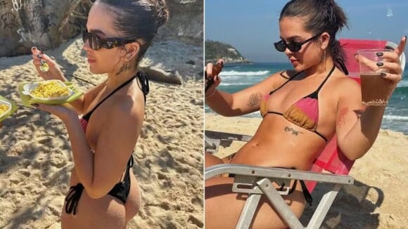 Milho e chá gelado: Mel Maia exibe corpão de biquíni cortininha e se diverte em dia na praia no Rio com as amigas. Fotos!