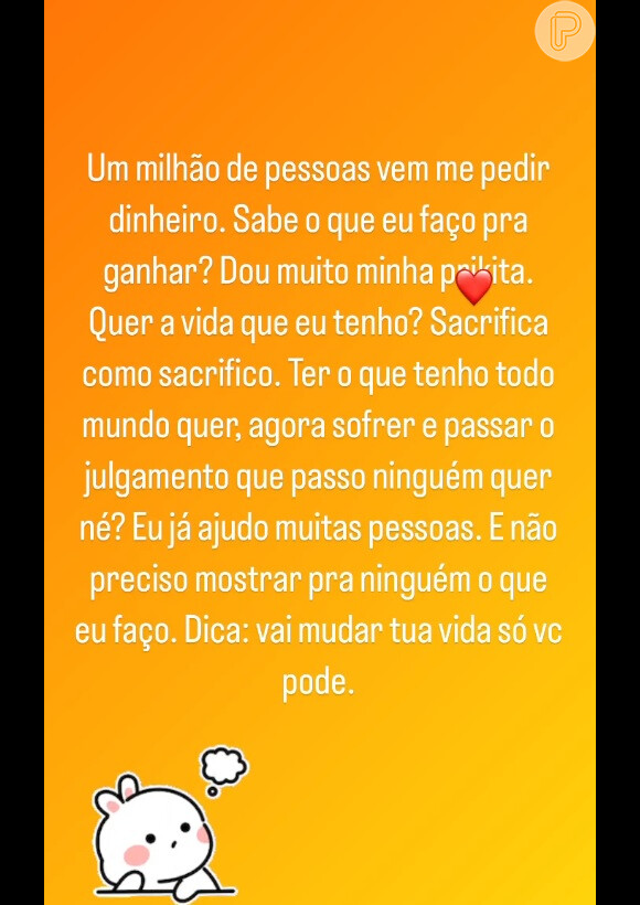 Andressa Urach afirmou receber muitos pedidos de ajuda, porém é julgada pelo trabalho da mesma forma