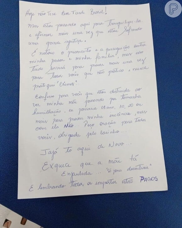 Deolane Bezerra já tinha escrito uma carta de próprio punho para falar com os seguidores