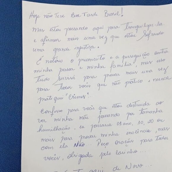Deolane Bezerra já tinha escrito uma carta de próprio punho para falar com os seguidores