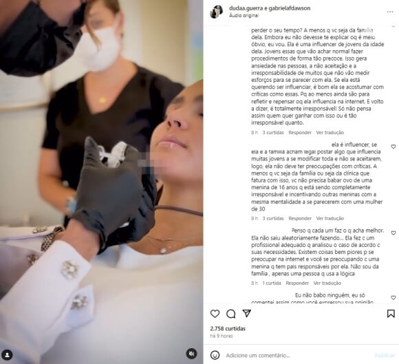 Duda Guerra, namorada de Benício Huck, recebeu duas críticas por realizar harmonização facial, aos 16 anos: 'Carente'