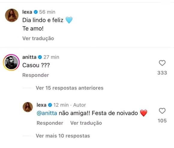 Anitta questiona se Lexa casou e se surpreende com noivado