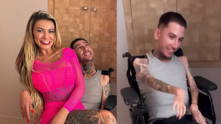 Filmada pelo filho, Andressa Urach grava vídeo pornô com 'cadeirante humorista': 'Senta pro hot wheels'