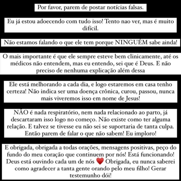 Na manhã desta segunda-feira, Viih Tube usou seu perfil na web para publicar a respeito do quadro de saúde do filho.