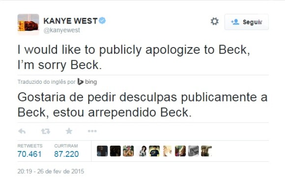 'Eu gostaria de me desculpar publicamente com Beck, sinto muito, Beck', escreveu Kanye West no Twitter 