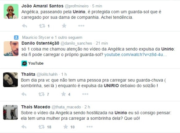 No Twitter, internautas criticaram Angélica por não ter segurado seu guarda-sol na saída da UniRio