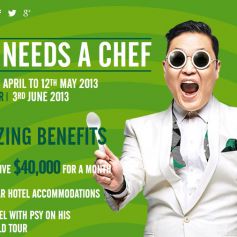 Psy procura um chef de cozinha para acompanhá-lo em sua turnê mundial, pagando o salário de R$ 80 mil. A campanha está sendo feita pelo facebook, em abril de 2013