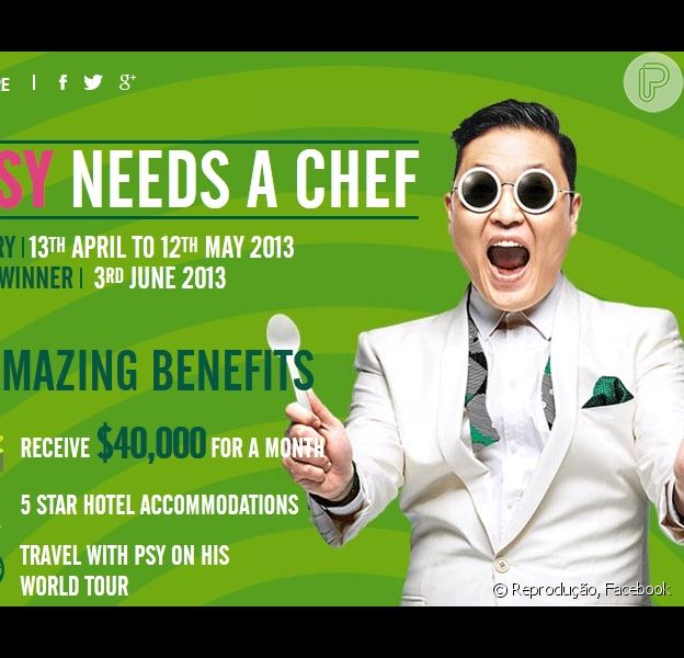 Psy procura um chef de cozinha para acompanhá-lo em sua turnê mundial, pagando o salário de R$ 80 mil. A campanha está sendo feita pelo facebook, em abril de 2013