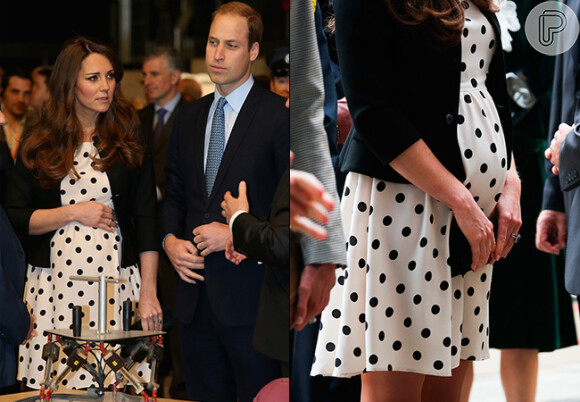 Com um vestido de bolinha da marca popular TopShop, a duquesa de Cambridge foi acompanhada do príncipe William à inauguração dos estúdio Harry Potter da Warner Bros., na tarde do dia 26 de abril
