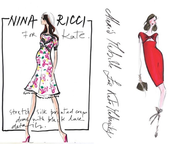 Nina Ricci apostou na estampa floral para criar um croqui de um vestido para Kate Middleton. Alexis Mabille apostou em uma peça justinha ao corpo para marcar a nova silhueta da duquesa de Cambridge