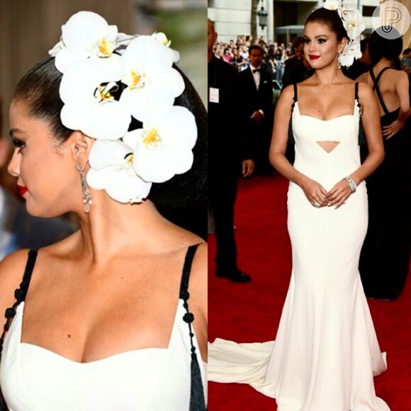 Selena Gomez usa flores grandes na cabeça no Met Gala 2015