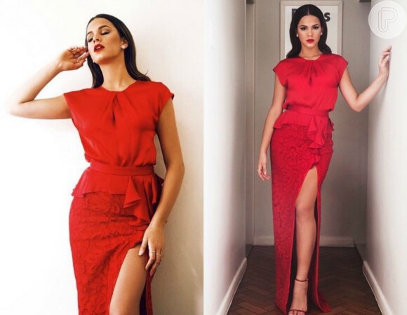 Bruna Marquezine escolheu o vestido vermelho da grife Carolina Herrera  e joias Jack Vartanian